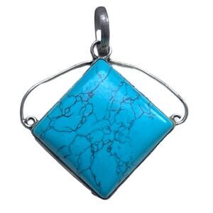 Lrg Solid Silver Genuine Natural Turquoise Vintage Pendent Southwestern Jewelry
